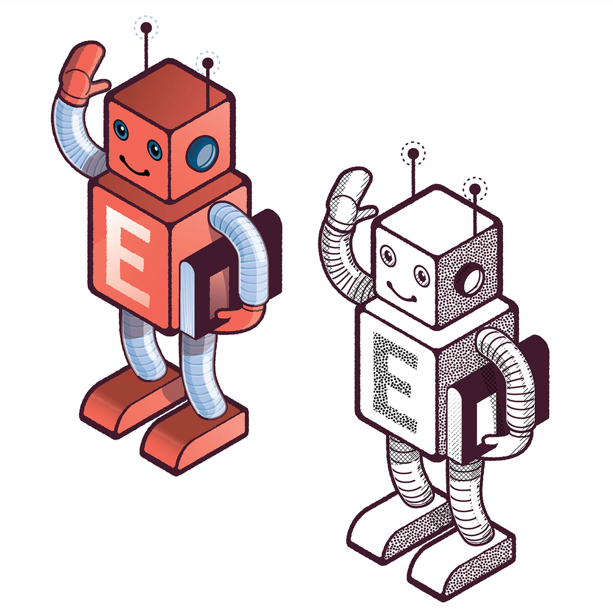 A red robot and the sam in black and white line art