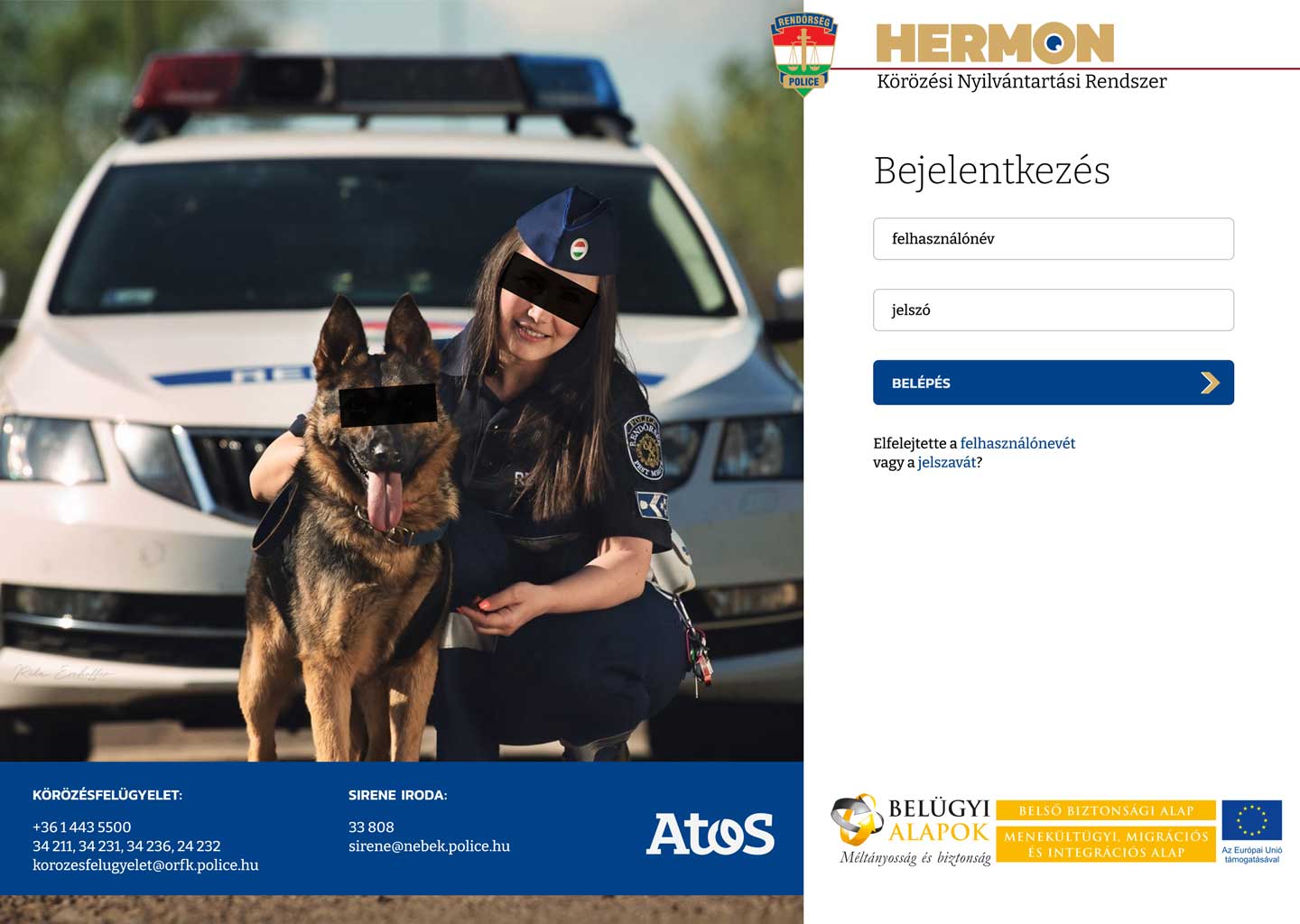 Landing page with info login a policewoman and a dog