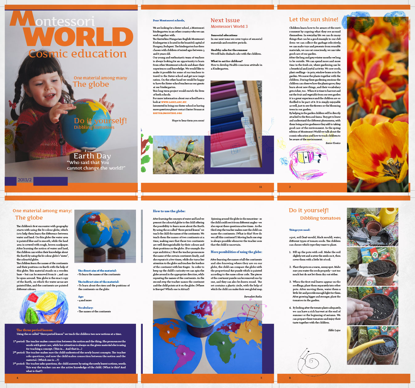 magazine Montessori World #2 cover with a little girl with a globe and some sample pages